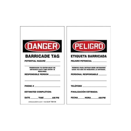 Accuform Bilingual Spanish Safety Tags, DANGER BARRICADE TAG, 5.75in x 3.25in, PF-Cardstock, 25PK TAB109CTP